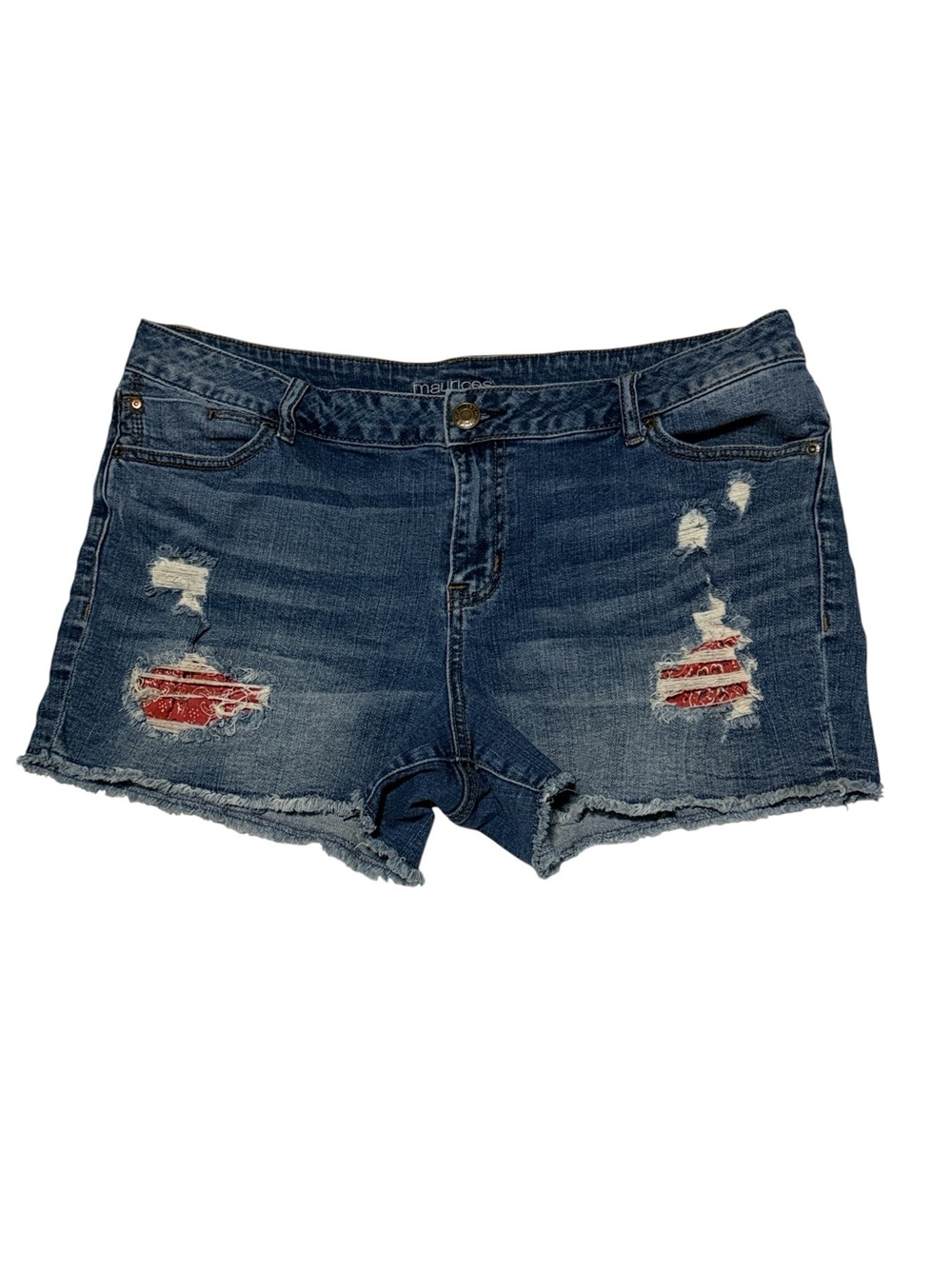 Maurices Blue Denim Shorts with Red Patch Distress